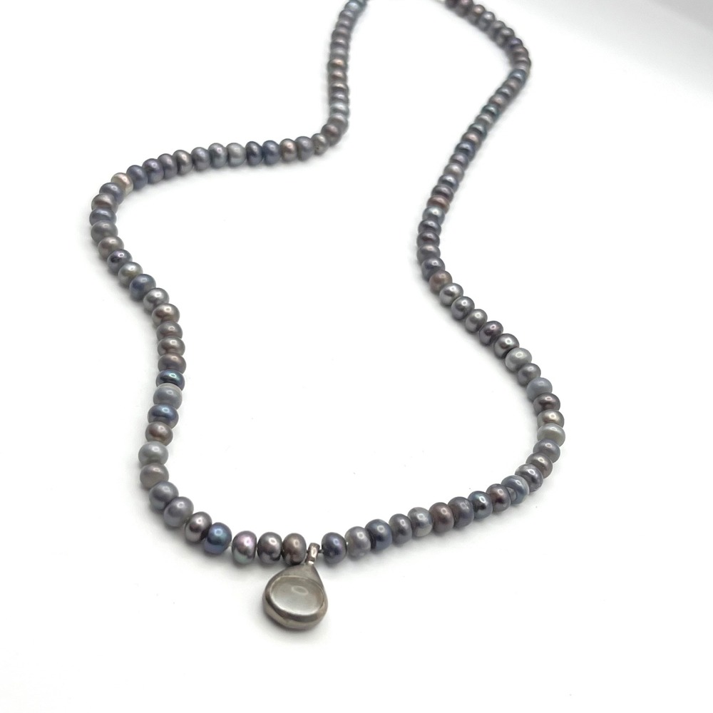 Black Freshwater Pearl Necklace Sterling Silver Moonstone‎ Teardrop Pendant 925